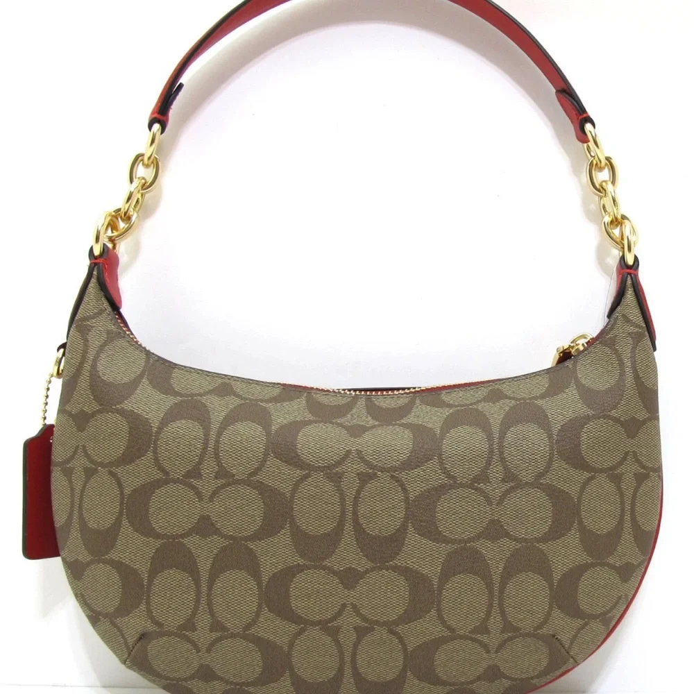 COACH PVC Signature/Leather Payton Shoulder Bag Khaki/Electric Red